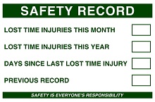 Safety Record sign - Lost time injuries this month and year 